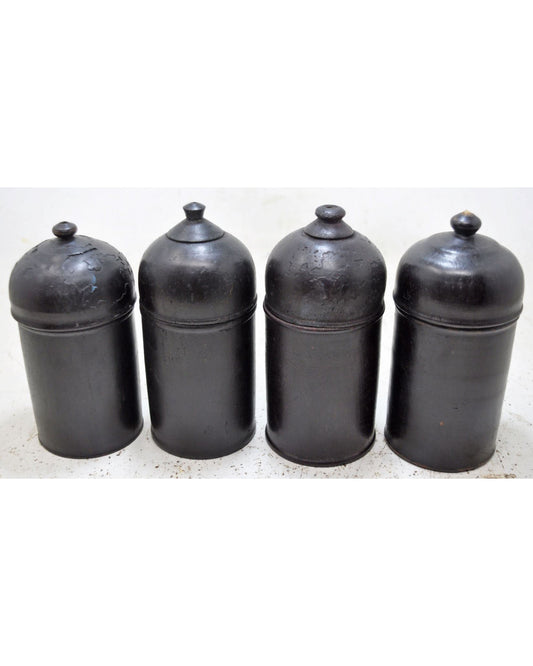 Vintage Lot of 4 Wooden Round Candy Boxes Original Old Black Lacquer Painted
