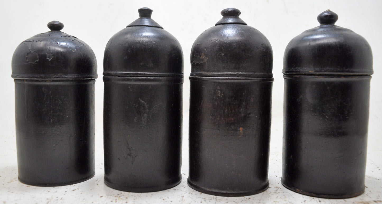 Vintage Lot of 4 Wooden Round Candy Boxes Original Old Black Lacquer Painted