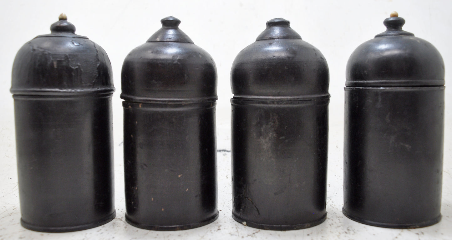Vintage Lot of 4 Wooden Round Candy Boxes Original Old Black Lacquer Painted