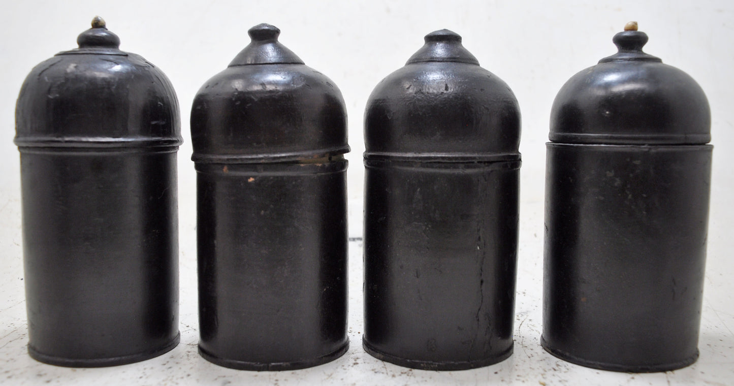Vintage Lot of 4 Wooden Round Candy Boxes Original Old Black Lacquer Painted