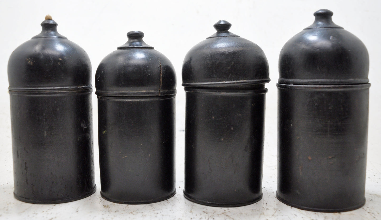 Vintage Lot of 4 Wooden Round Candy Boxes Original Old Black Lacquer Painted
