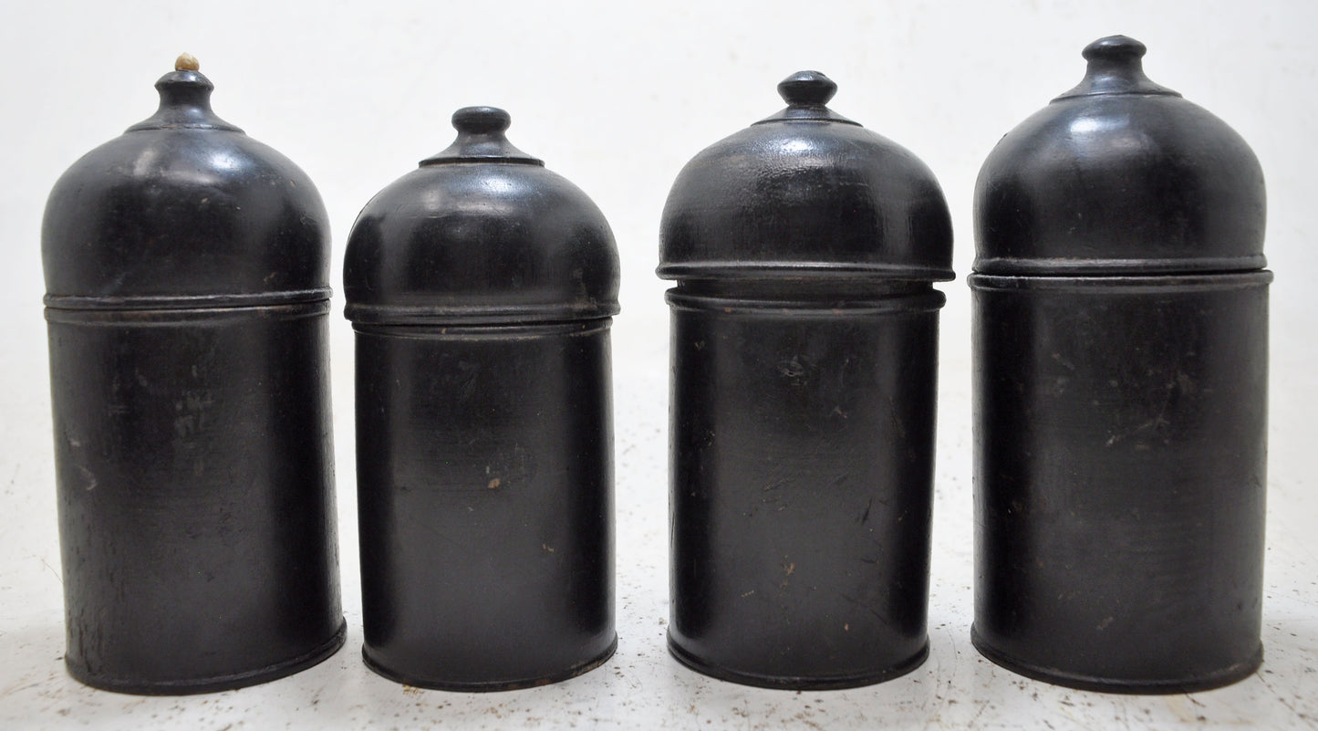 Vintage Lot of 4 Wooden Round Candy Boxes Original Old Black Lacquer Painted