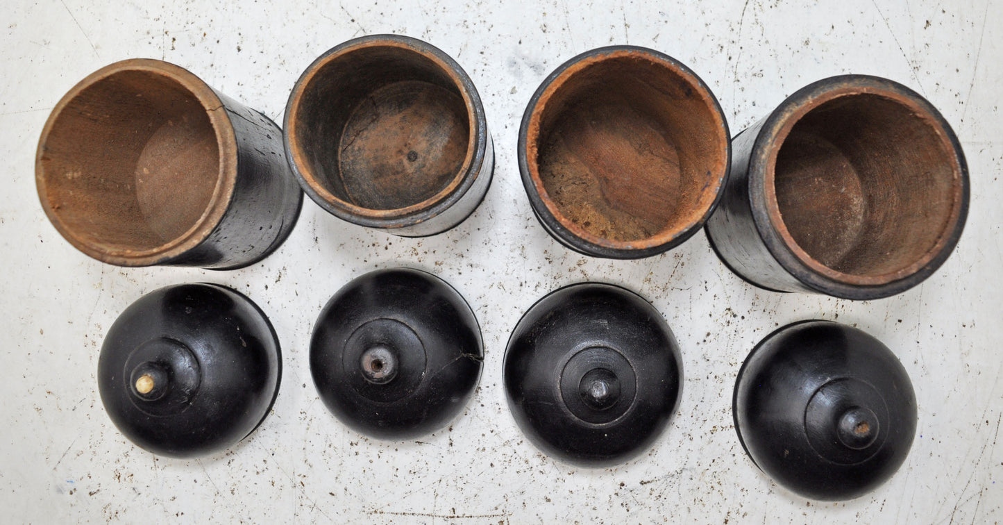 Vintage Lot of 4 Wooden Round Candy Boxes Original Old Black Lacquer Painted