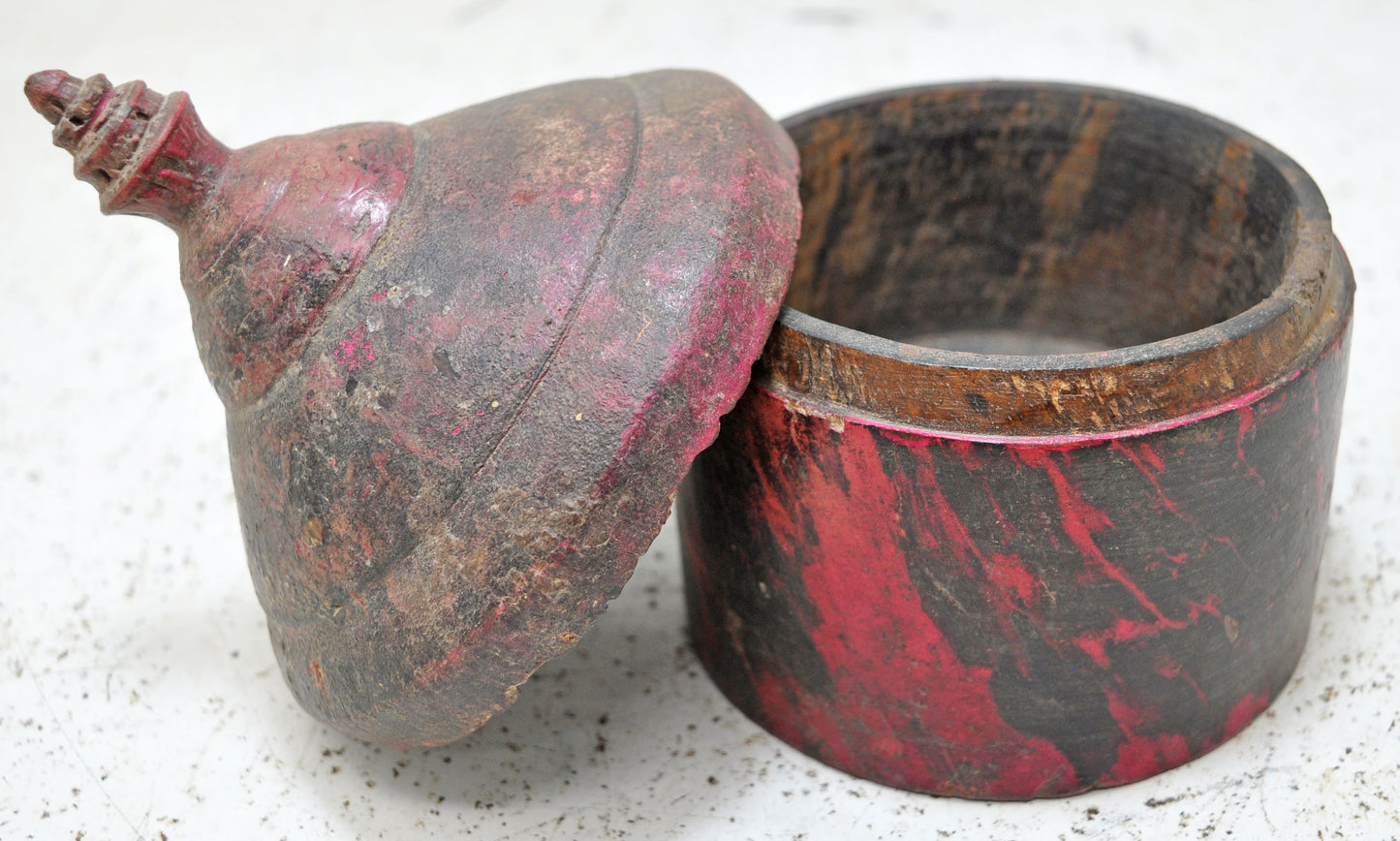 Antique Wooden Kum Kum Powder Tika Box Original Old Hand Crafted Lacquer Painted