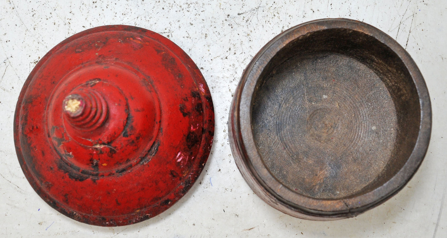 Antique Wooden Kum Kum Powder Tika Box Original Old Hand Crafted Lacquer Painted