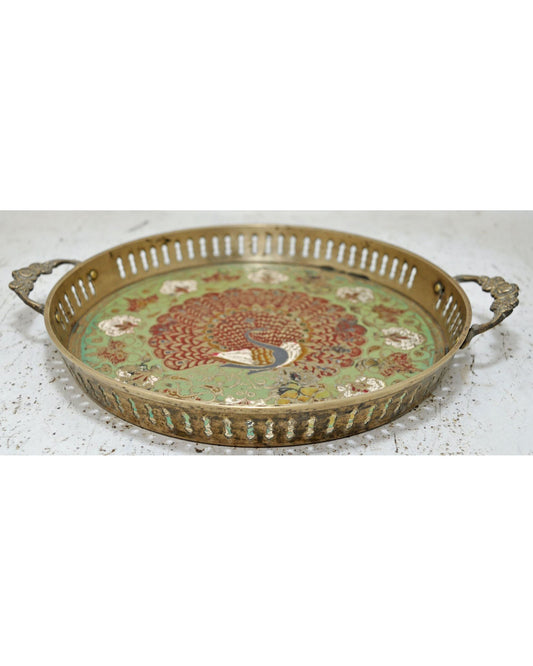Antique Brass Round Decorative Tray Original Old Very Fine Engraved Painted