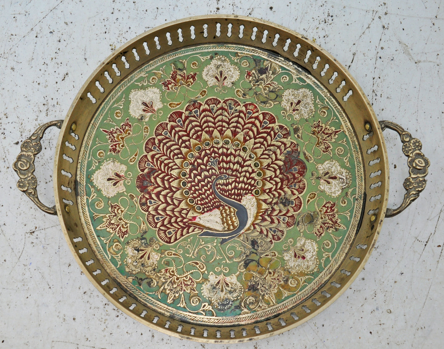 Antique Brass Round Decorative Tray Original Old Very Fine Engraved Painted