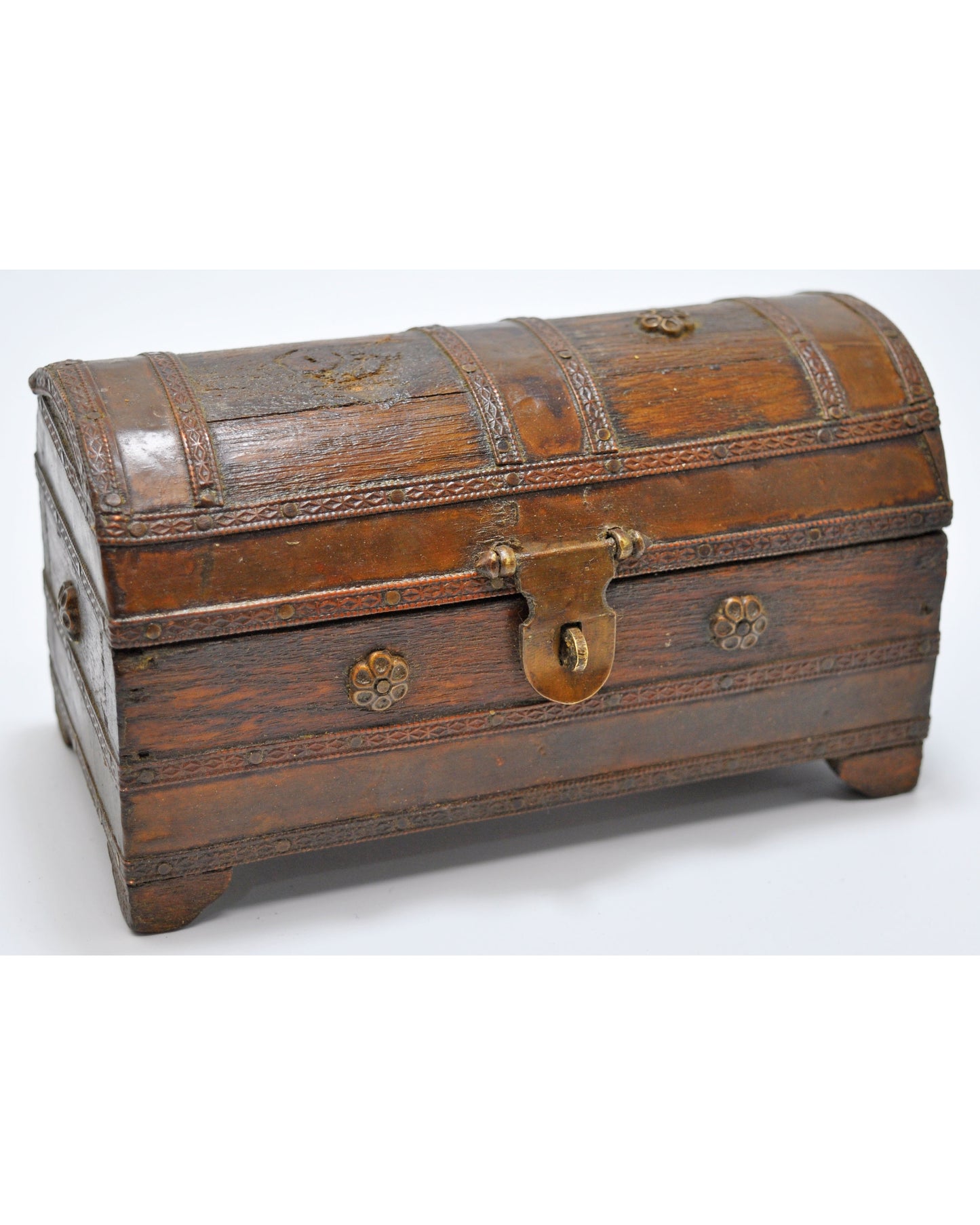 Vintage Wooden Half Round Jewellery Storage Box Original Old Hand Crafted Brass Fitted