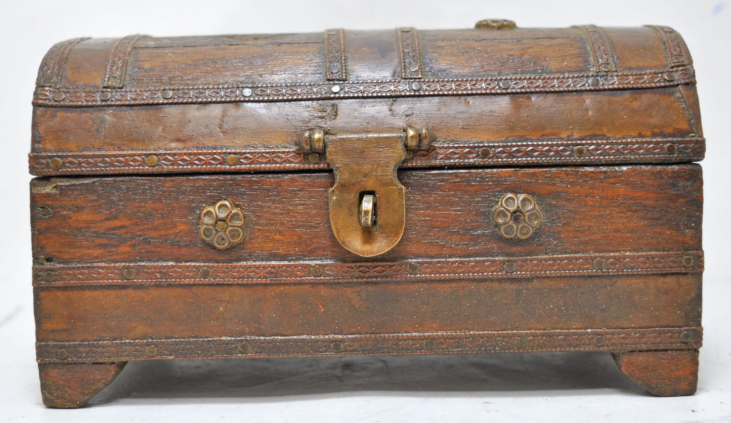 Vintage Wooden Half Round Jewellery Storage Box Original Old Hand Crafted Brass Fitted