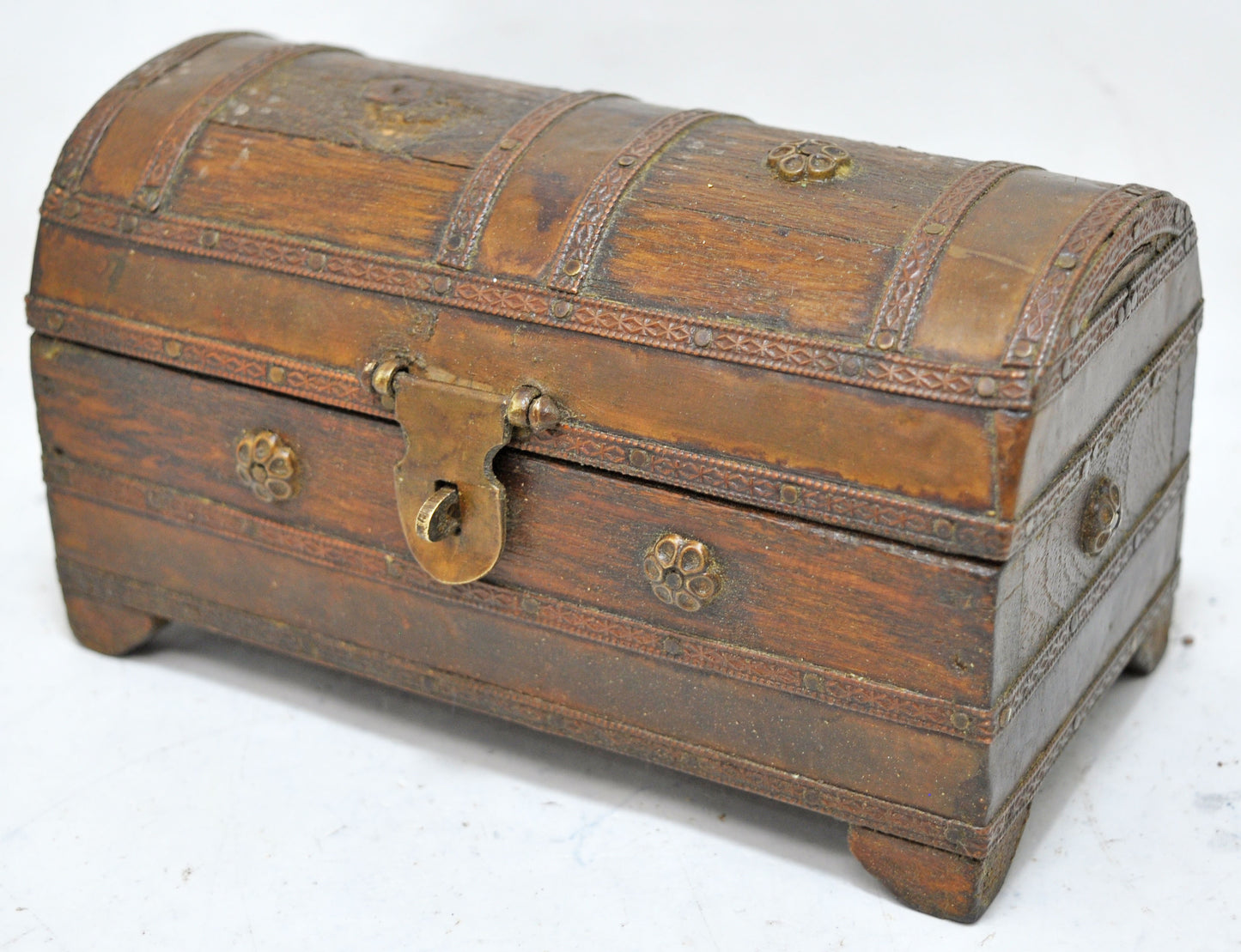 Vintage Wooden Half Round Jewellery Storage Box Original Old Hand Crafted Brass Fitted