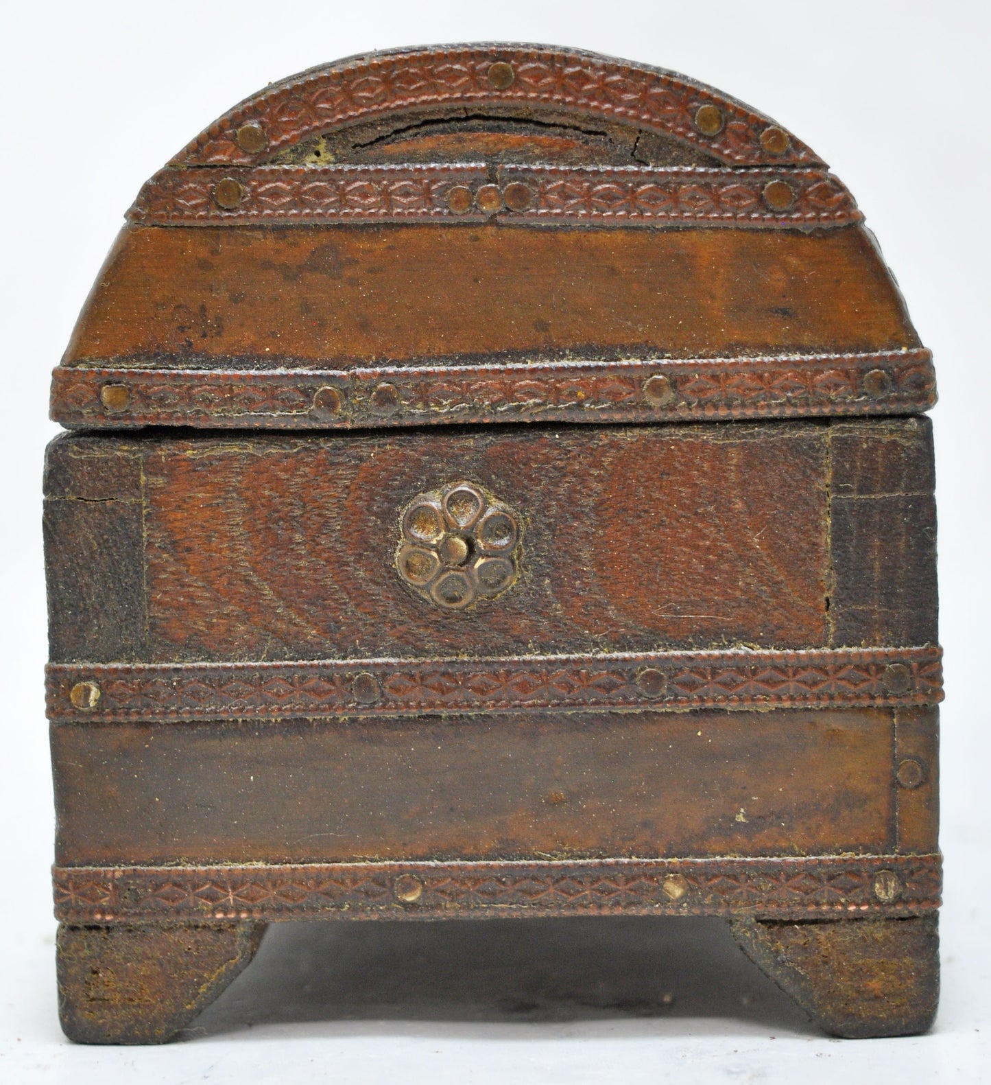 Vintage Wooden Half Round Jewellery Storage Box Original Old Hand Crafted Brass Fitted