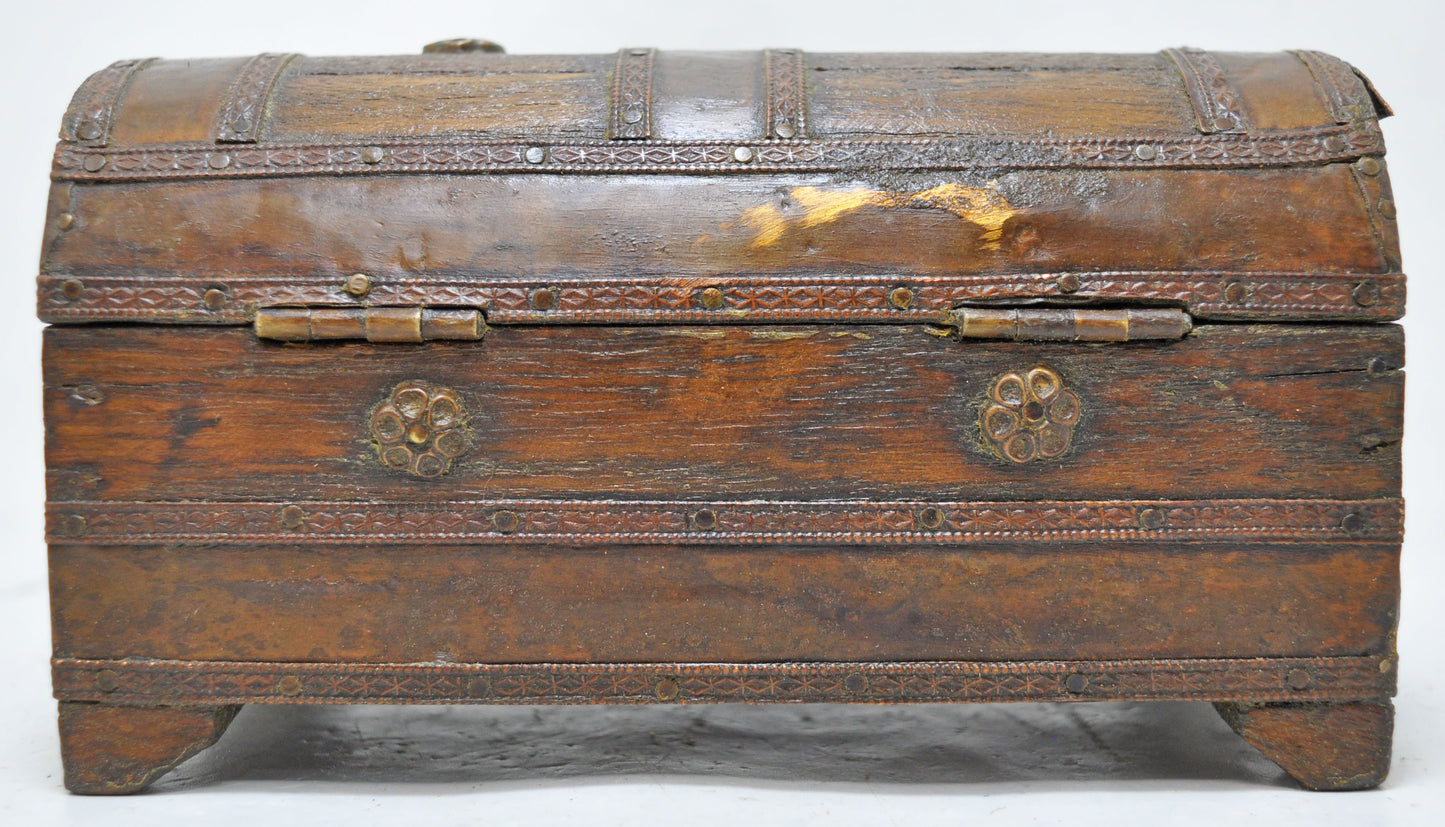 Vintage Wooden Half Round Jewellery Storage Box Original Old Hand Crafted Brass Fitted