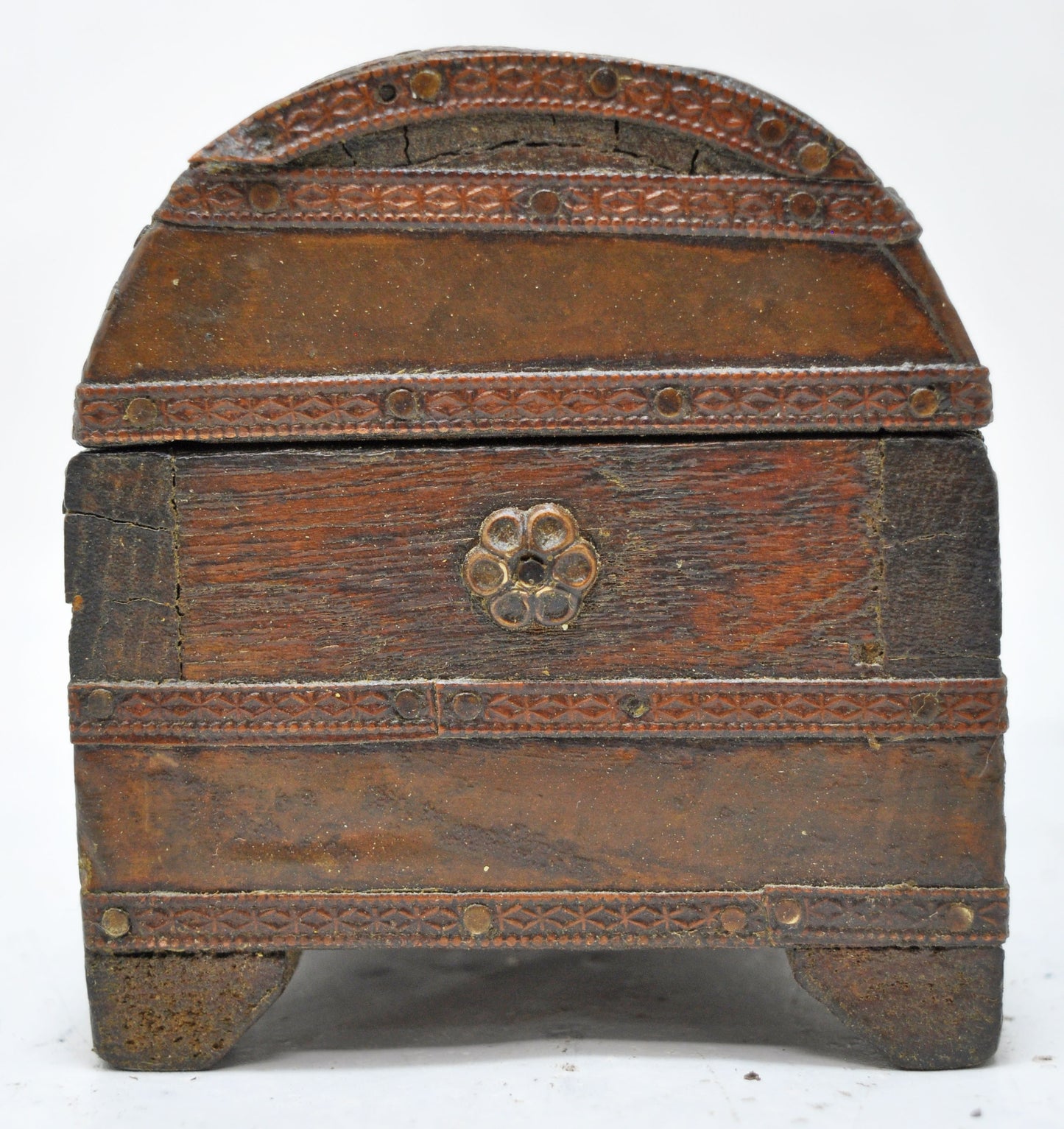 Vintage Wooden Half Round Jewellery Storage Box Original Old Hand Crafted Brass Fitted