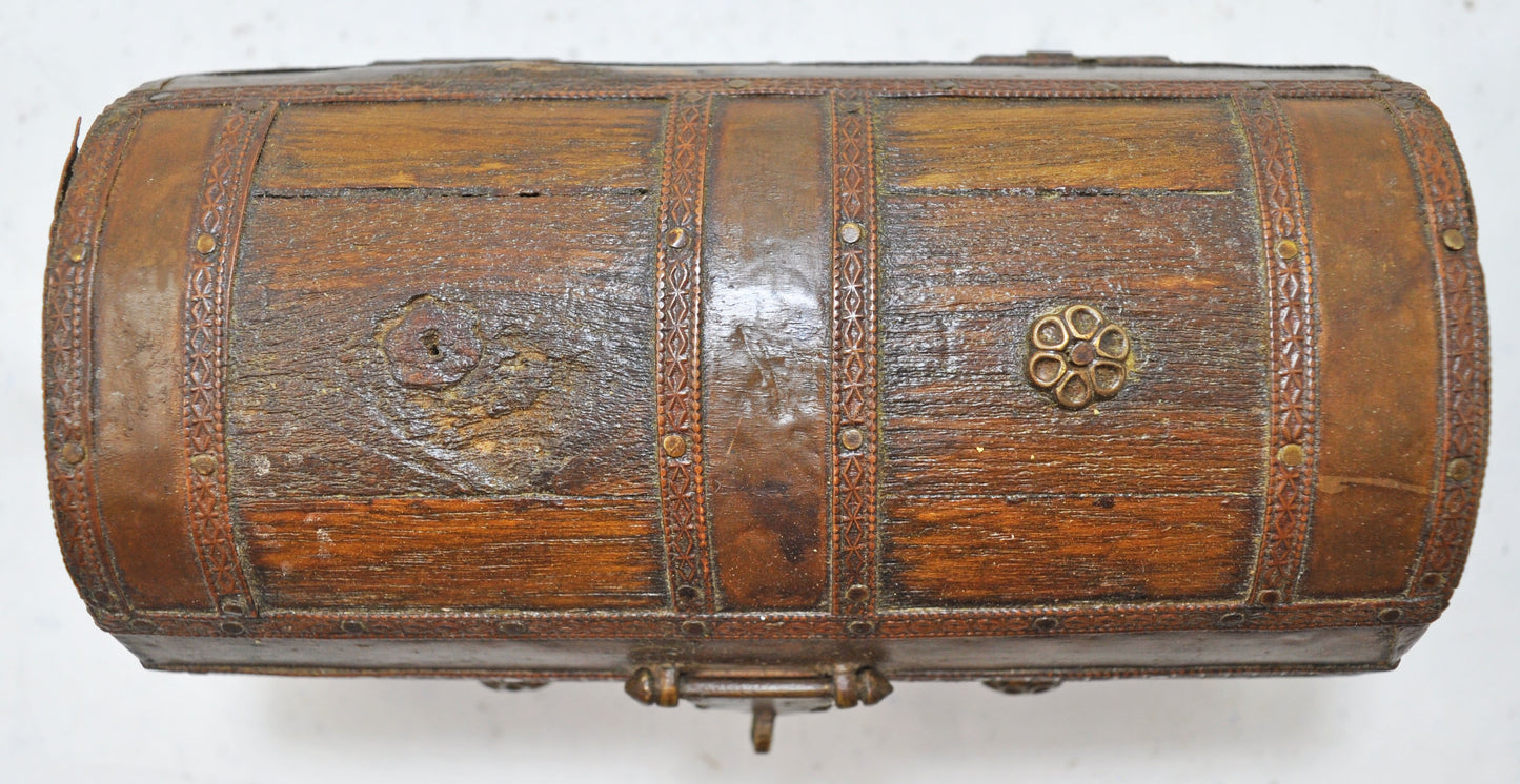 Vintage Wooden Half Round Jewellery Storage Box Original Old Hand Crafted Brass Fitted