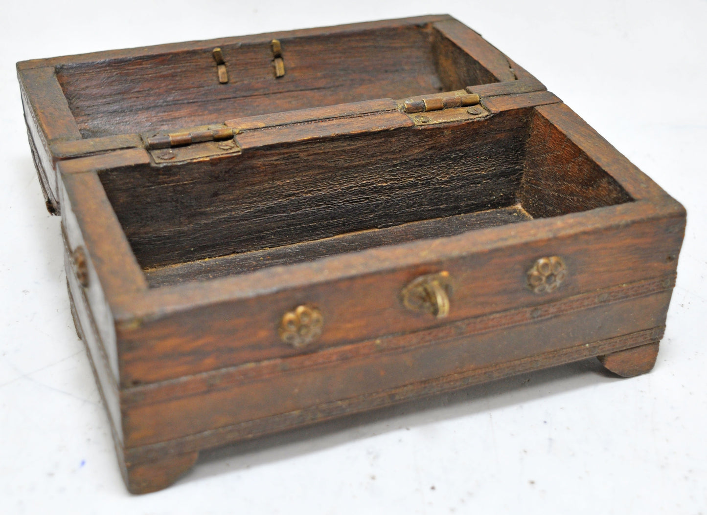 Vintage Wooden Half Round Jewellery Storage Box Original Old Hand Crafted Brass Fitted