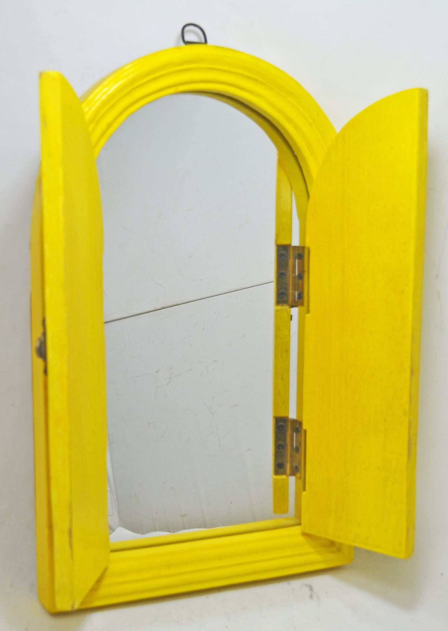 Hand Carved Wooden Arch Shape Wall Décor Window Mirror Frame Glossy Yellow