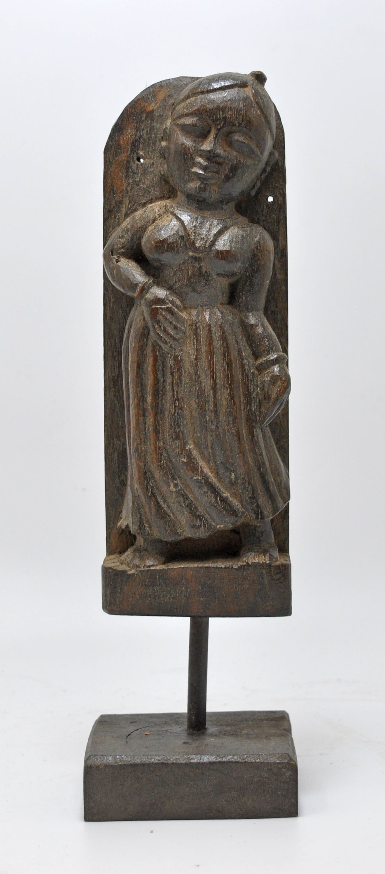 Antique Wooden Woman Figurine on Stand Original Old Fine Hand Carved