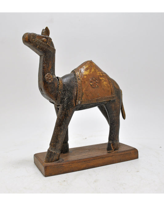 Vintage Wooden Camel Figurine Original Old Hand Carved Brass Fitted