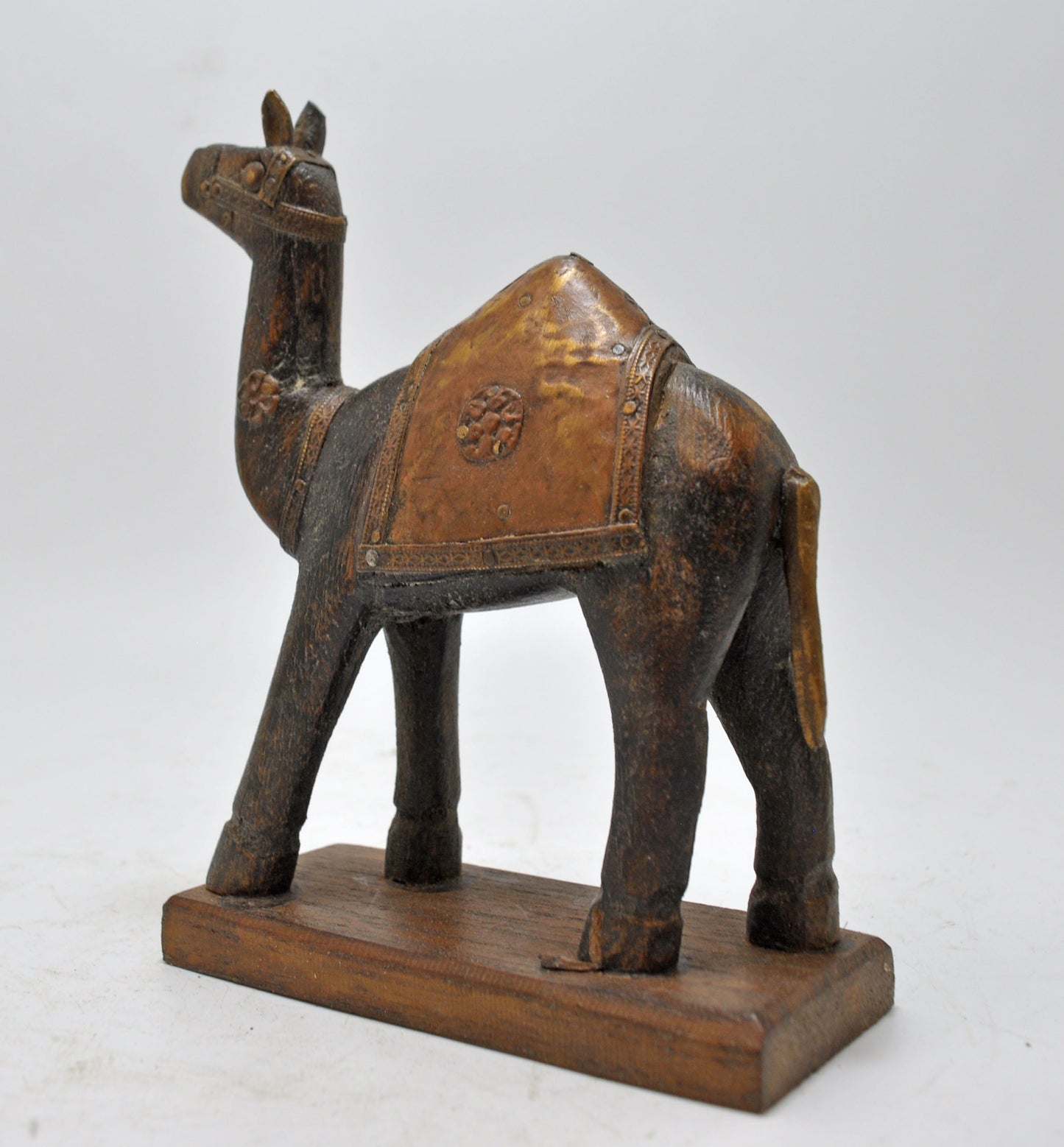 Vintage Wooden Camel Figurine Original Old Hand Carved Brass Fitted