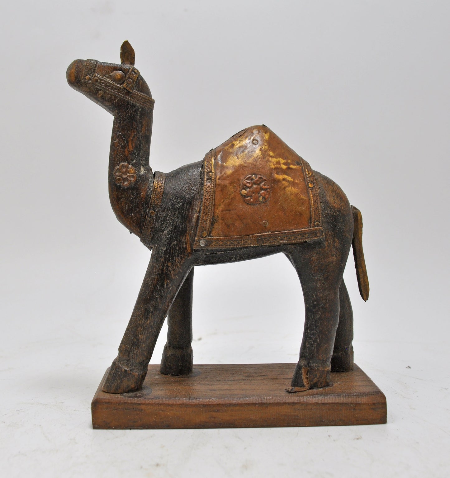 Vintage Wooden Camel Figurine Original Old Hand Carved Brass Fitted