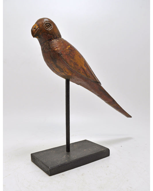 Vintage Wooden Parrot Bird Figurine on Stand Original Old Hand Carved