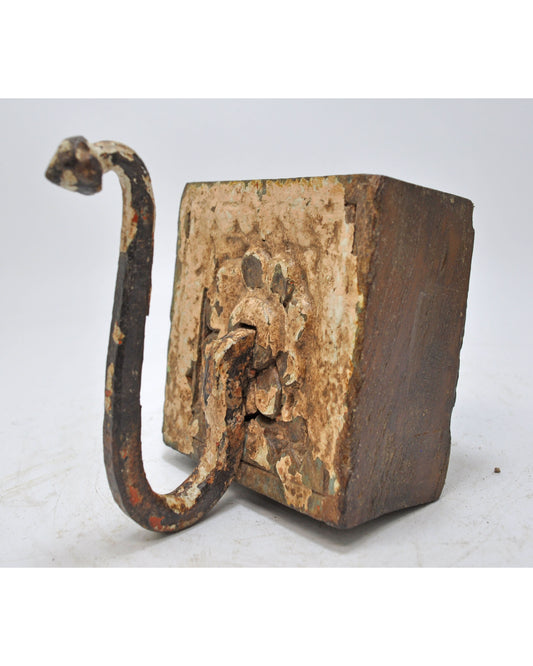 Antique Wooden Wall Hanging 1 Hook Hanger Original Old Hand Carved Polychrome