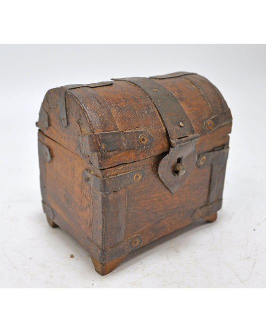 Vintage Wooden Half Round Top Storage Box Original Old Hand Crafted Metal Fitted