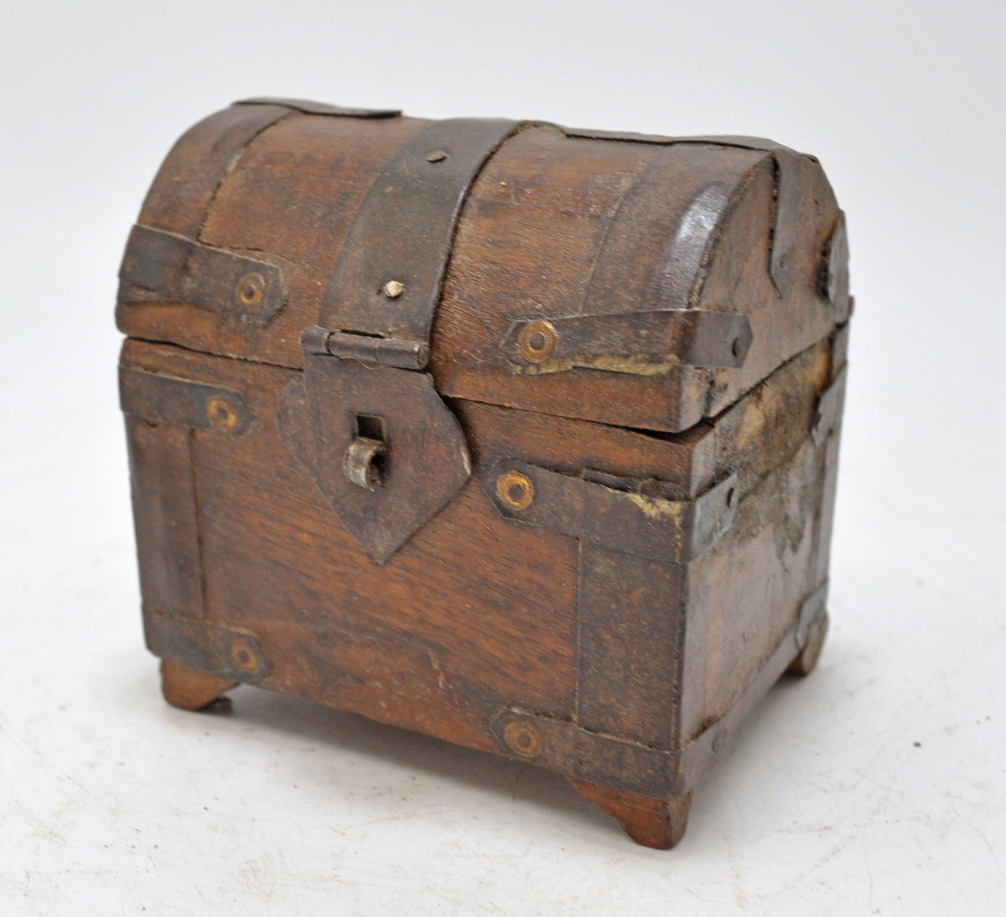 Vintage Wooden Half Round Top Storage Box Original Old Hand Crafted Metal Fitted