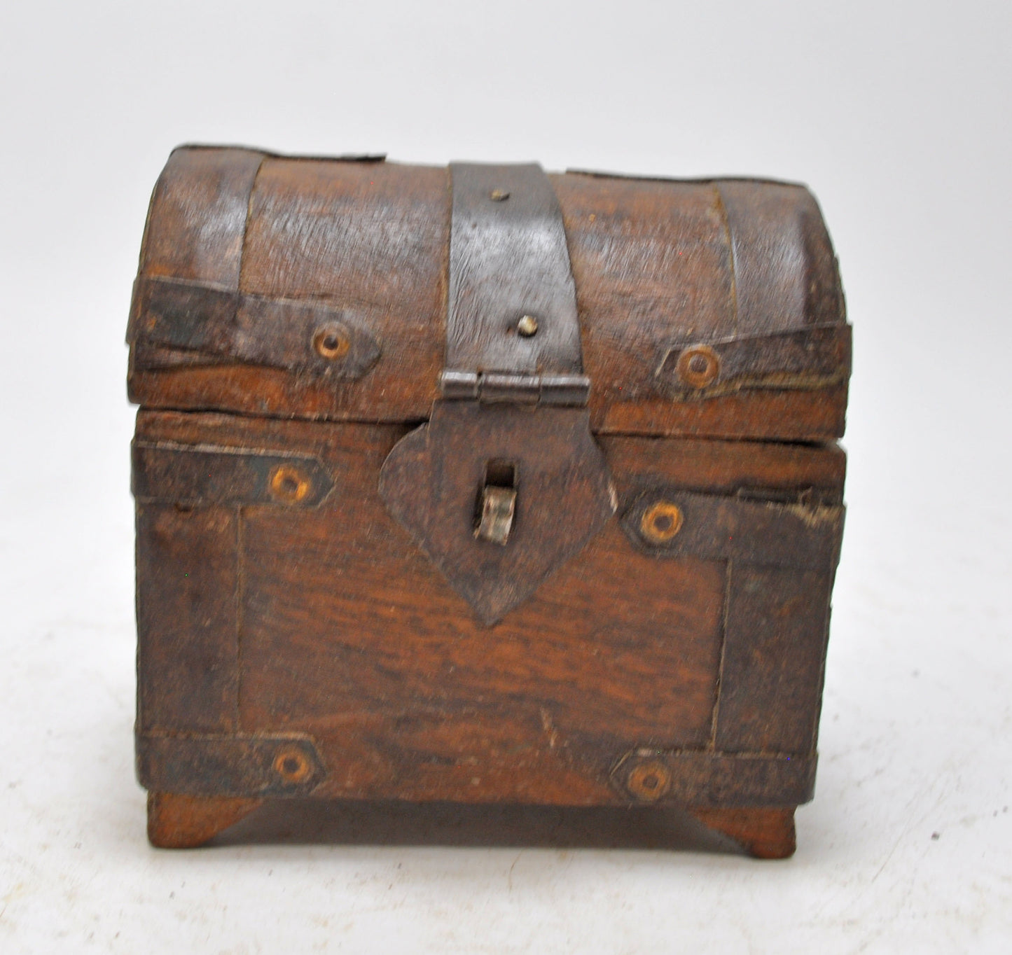 Vintage Wooden Half Round Top Storage Box Original Old Hand Crafted Metal Fitted