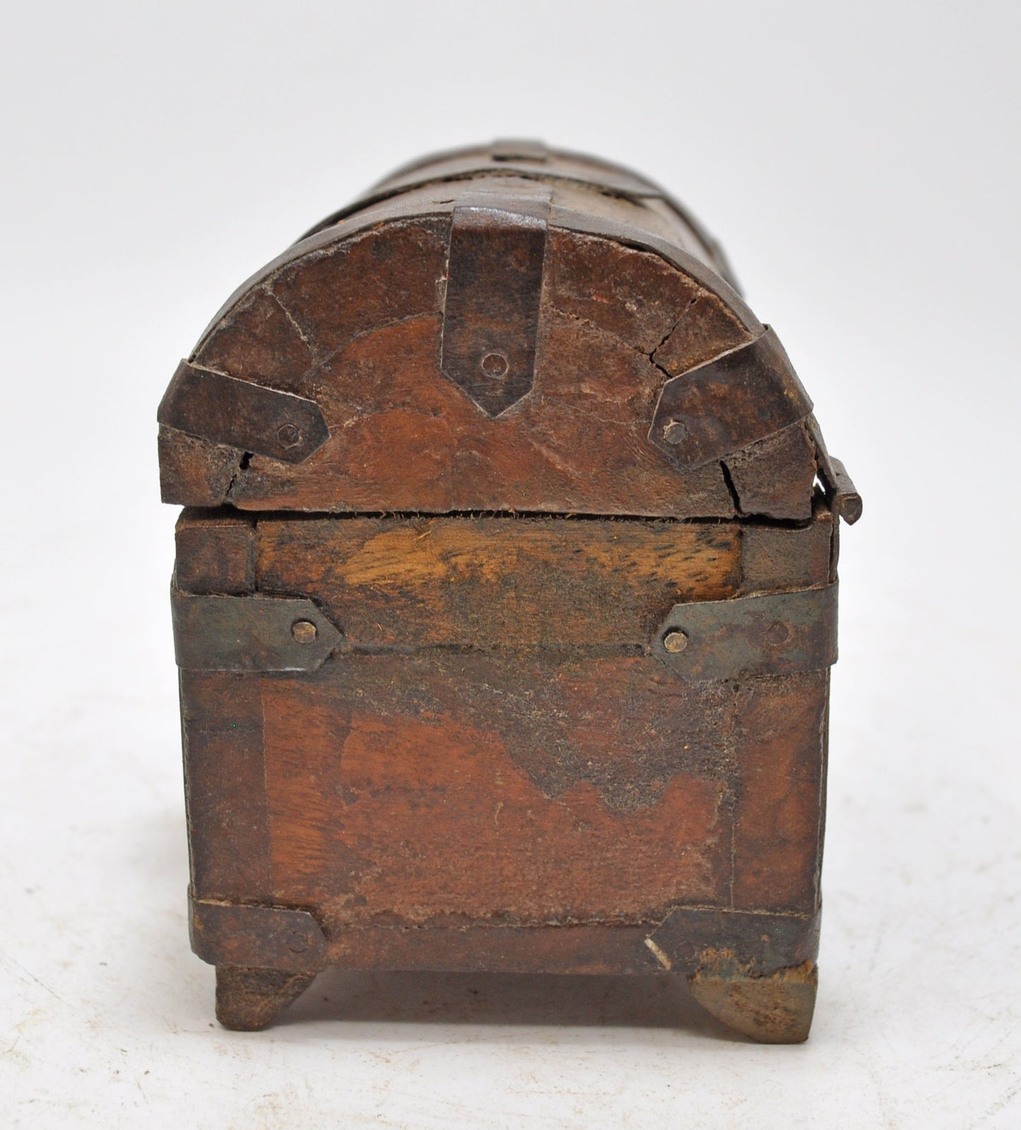 Vintage Wooden Half Round Top Storage Box Original Old Hand Crafted Metal Fitted