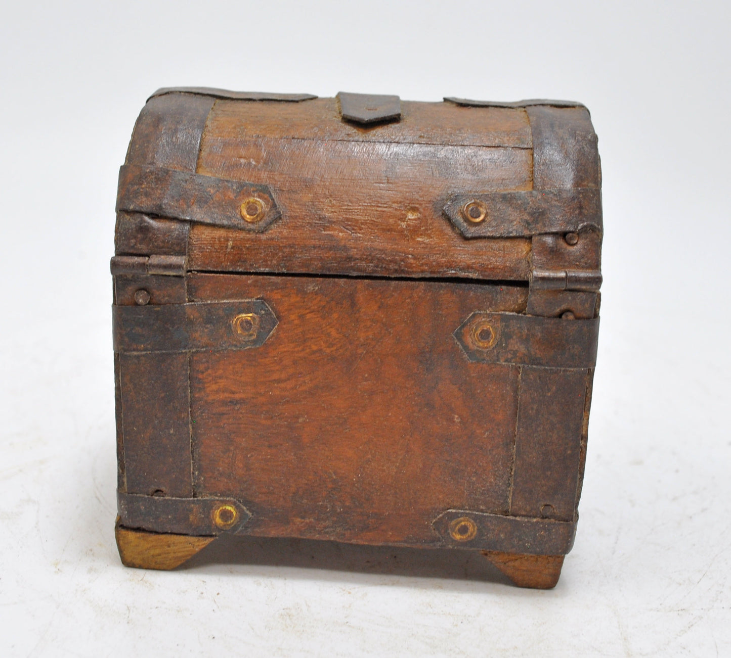 Vintage Wooden Half Round Top Storage Box Original Old Hand Crafted Metal Fitted