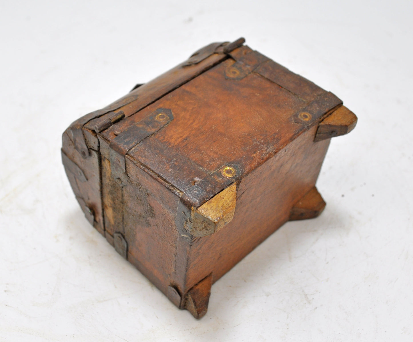 Vintage Wooden Half Round Top Storage Box Original Old Hand Crafted Metal Fitted