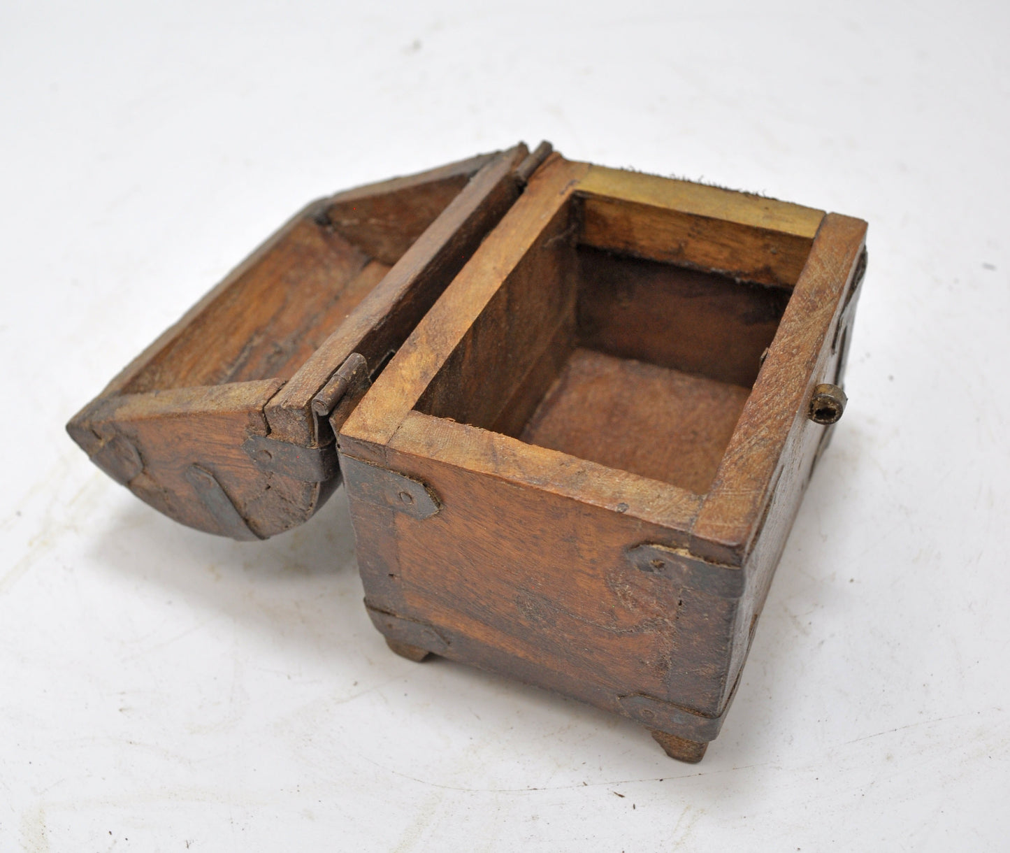 Vintage Wooden Half Round Top Storage Box Original Old Hand Crafted Metal Fitted