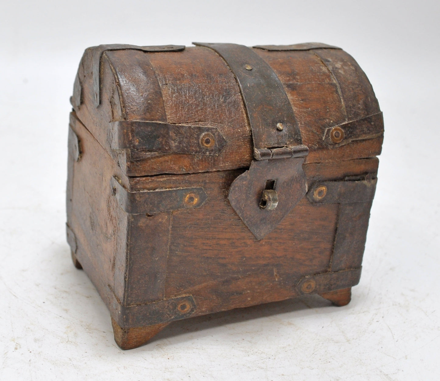 Vintage Wooden Half Round Top Storage Box Original Old Hand Crafted Metal Fitted