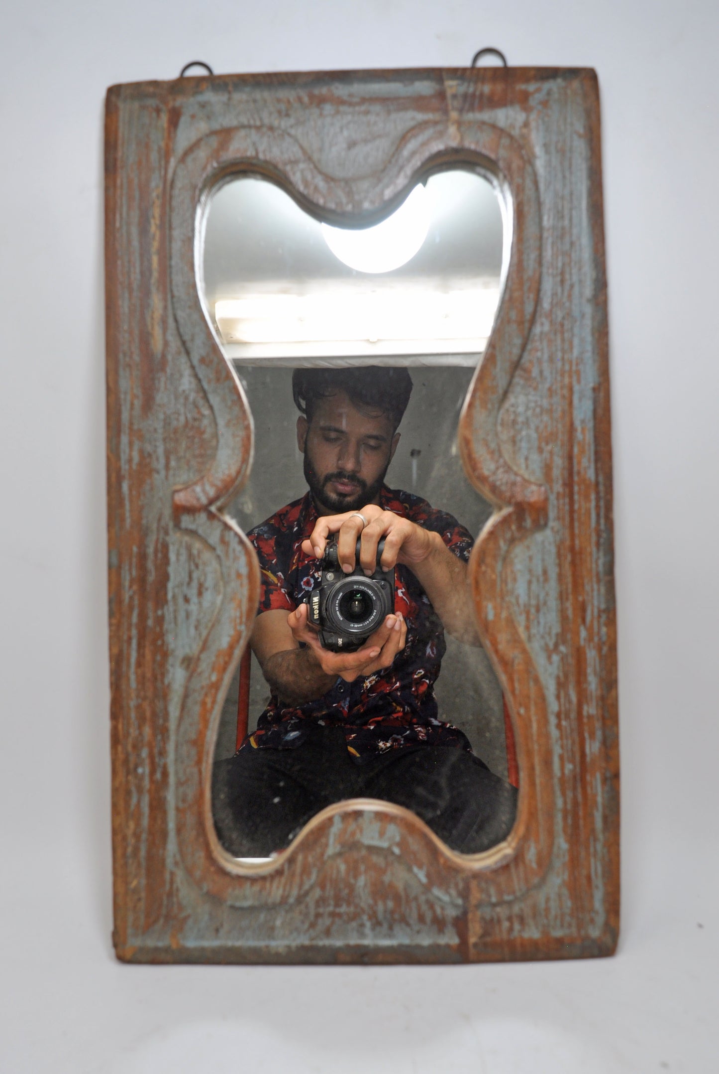 Antique Wooden Wall Décor Mirror Frame Original Old Hand Crafted Polychrome Rustic