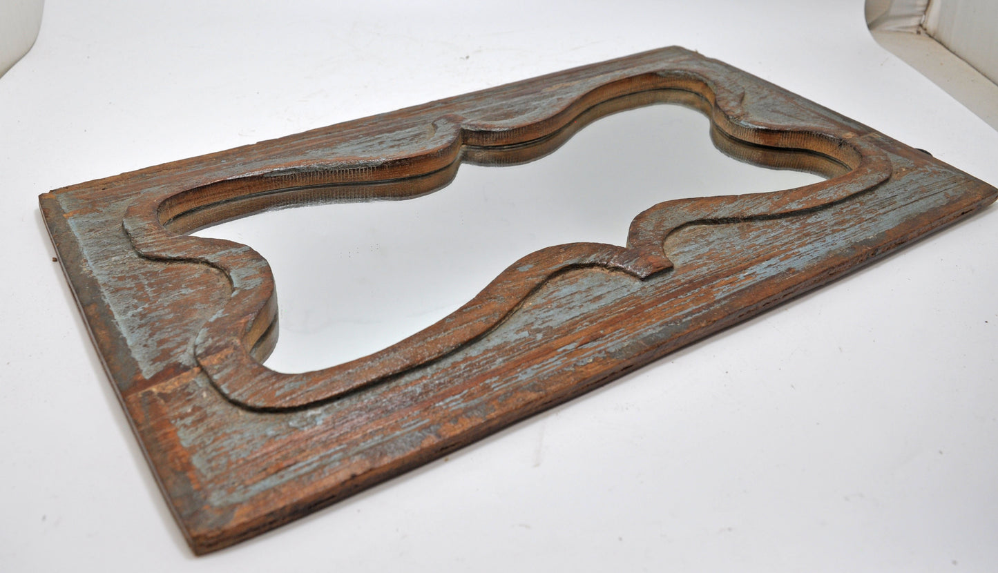 Antique Wooden Wall Décor Mirror Frame Original Old Hand Crafted Polychrome Rustic