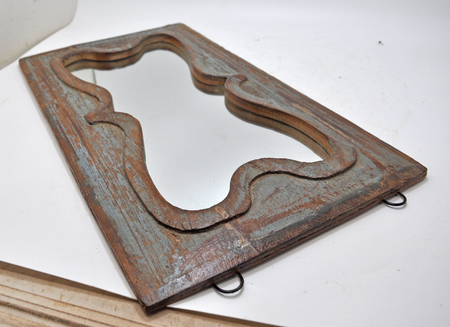 Antique Wooden Wall Décor Mirror Frame Original Old Hand Crafted Polychrome Rustic