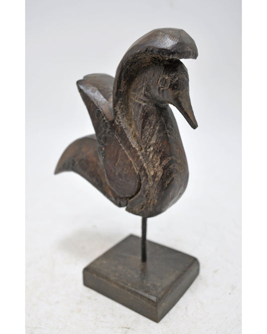 Vintage Wooden Small Bird Figurine on Stand Original Old Hand Carved