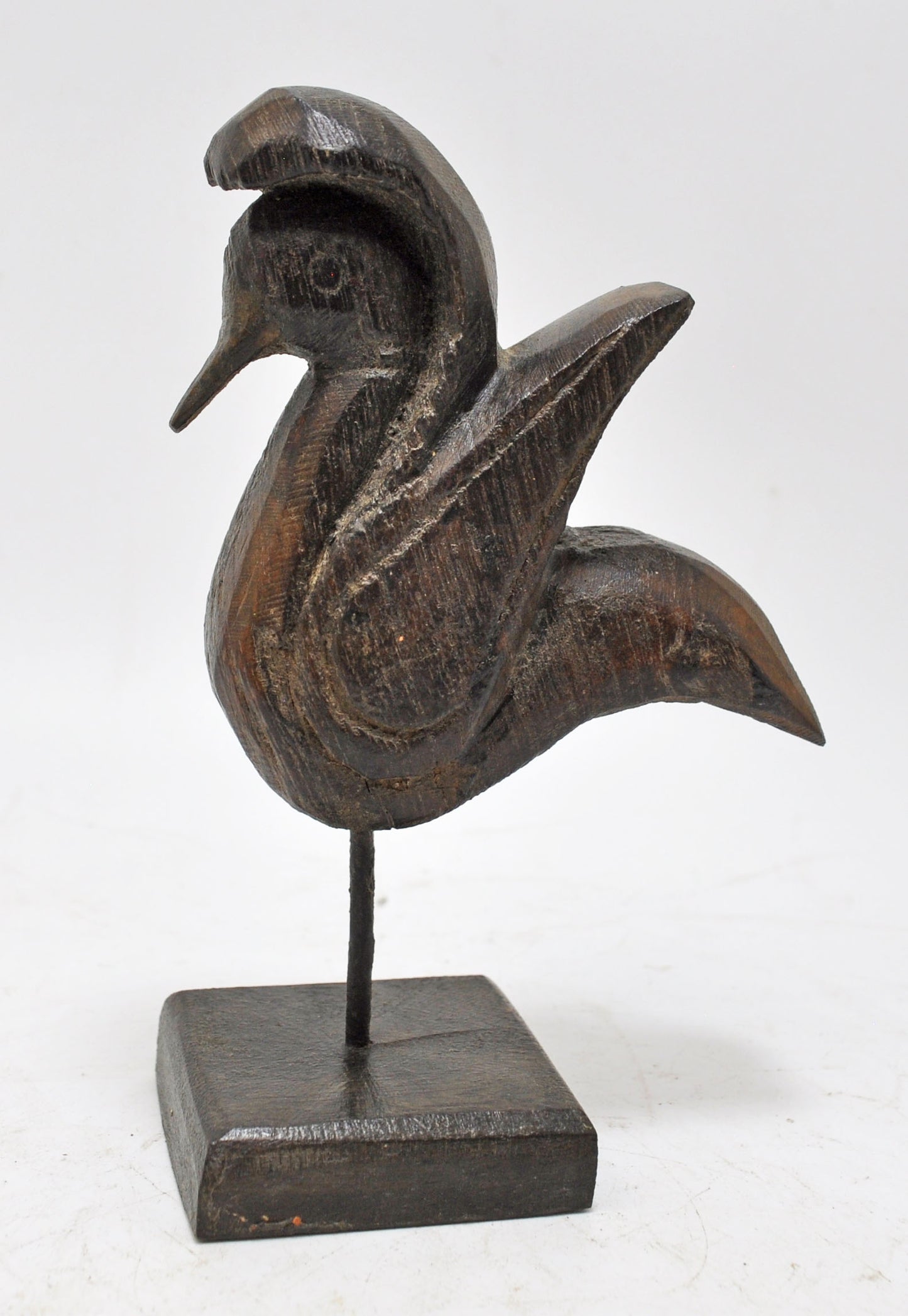 Vintage Wooden Small Bird Figurine on Stand Original Old Hand Carved