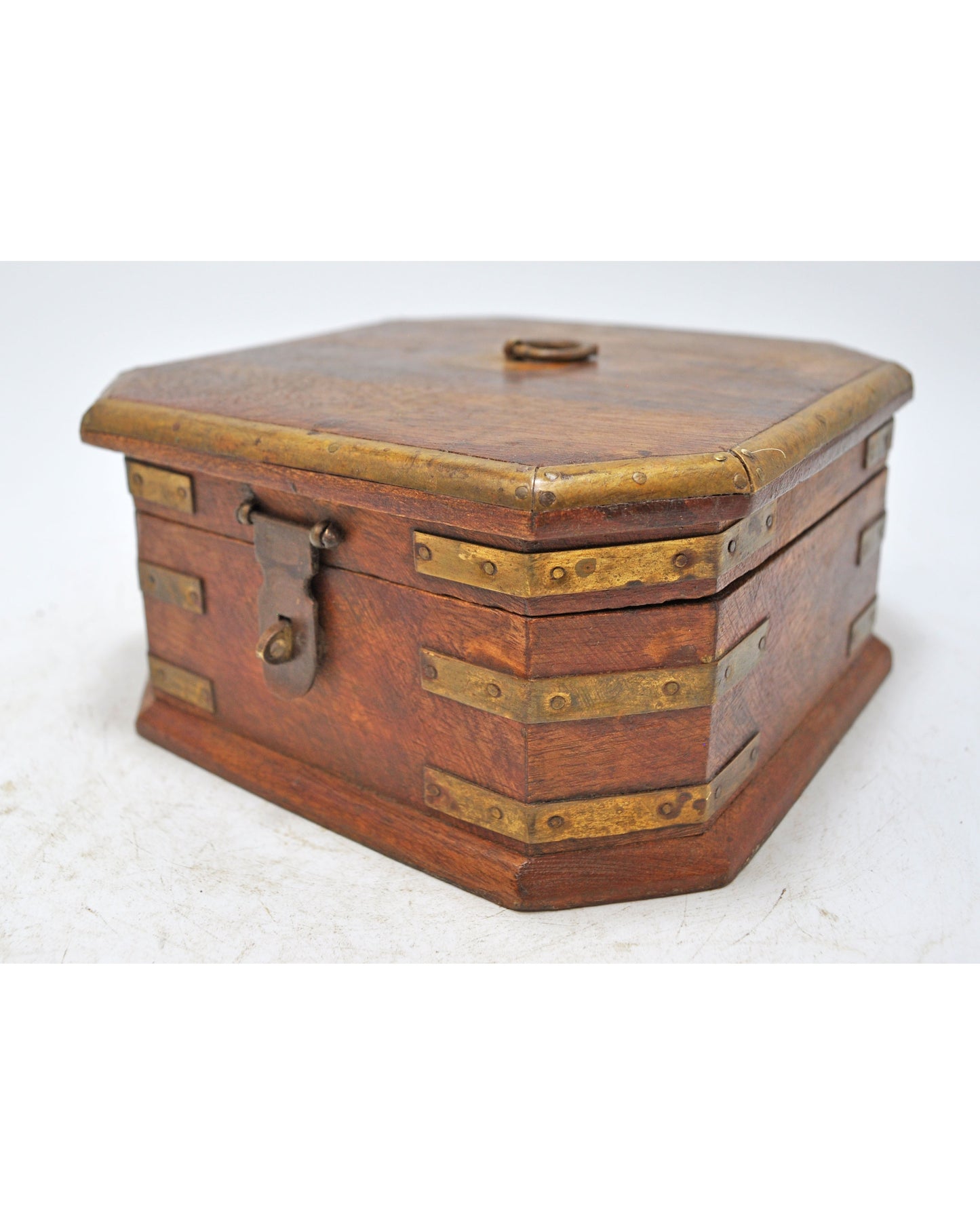 Vintage Wooden Square Jewellery Storage Box Original Old Hand Crafted Brass Fitted
