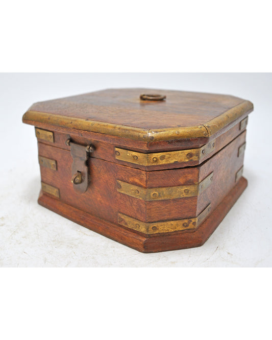 Vintage Wooden Square Jewellery Storage Box Original Old Hand Crafted Brass Fitted