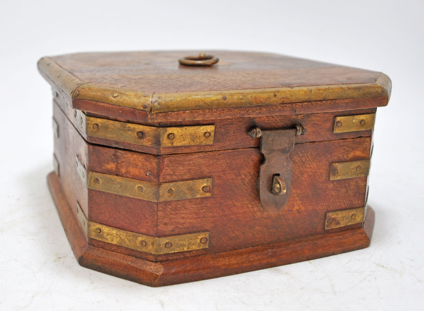 Vintage Wooden Square Jewellery Storage Box Original Old Hand Crafted Brass Fitted