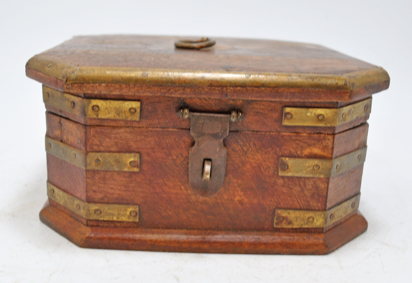 Vintage Wooden Square Jewellery Storage Box Original Old Hand Crafted Brass Fitted