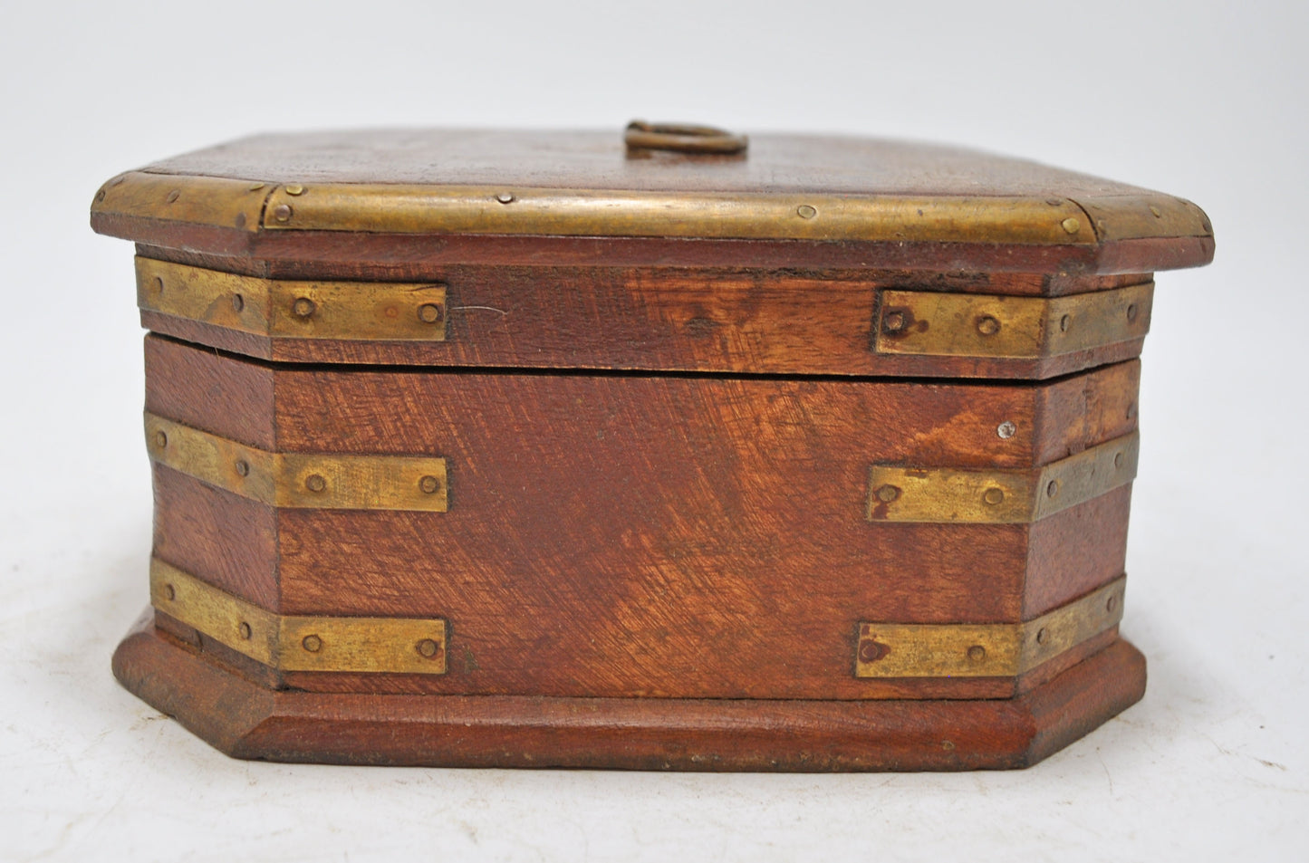 Vintage Wooden Square Jewellery Storage Box Original Old Hand Crafted Brass Fitted