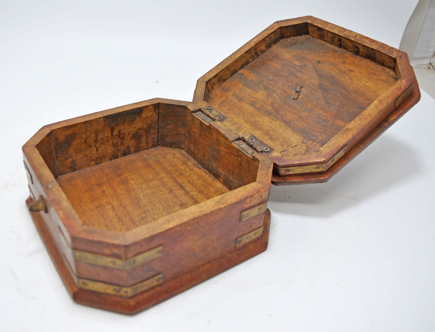 Vintage Wooden Square Jewellery Storage Box Original Old Hand Crafted Brass Fitted