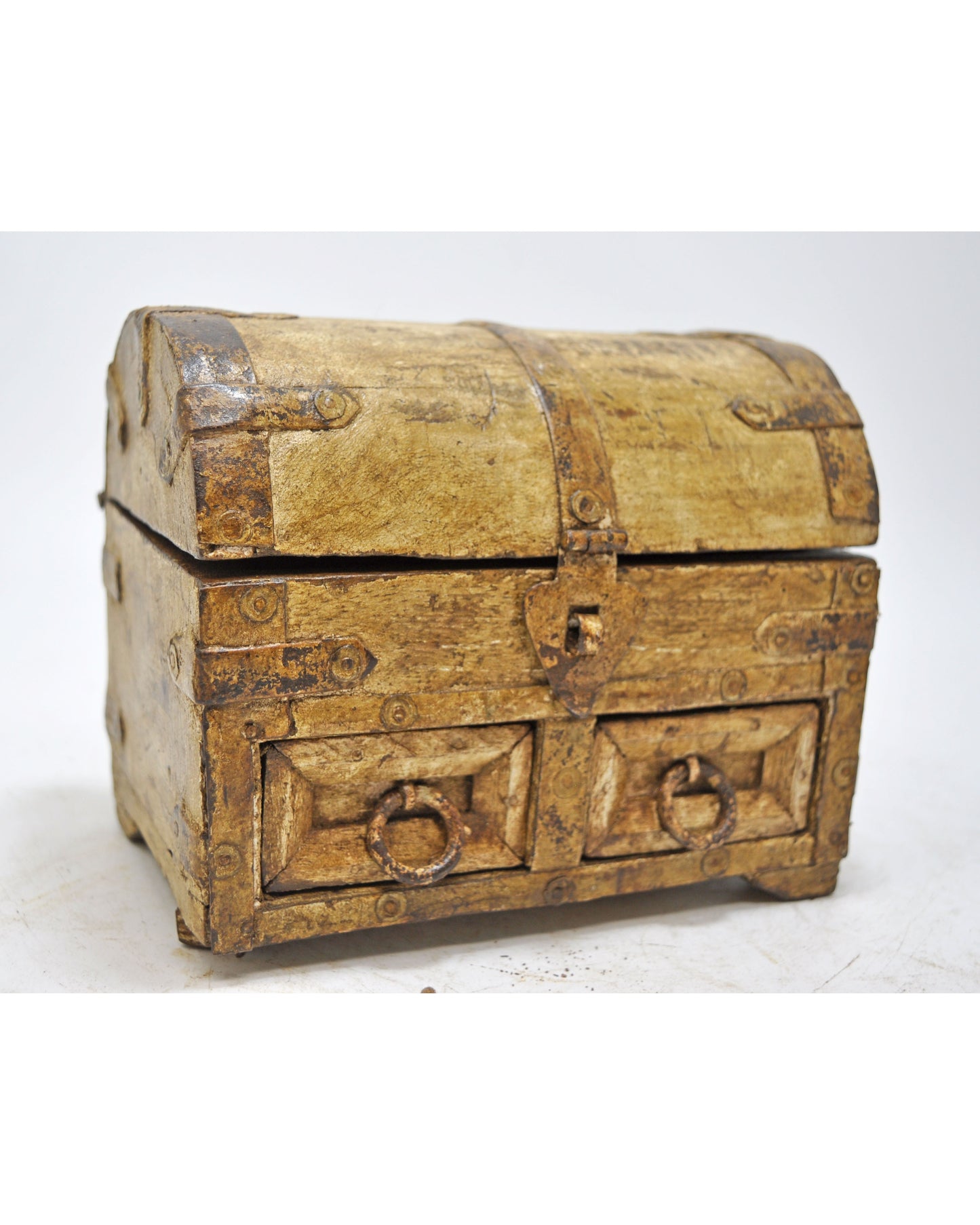 Vintage Wooden Half Round Storage Box Original Old Hand Crafted Metal Fitted