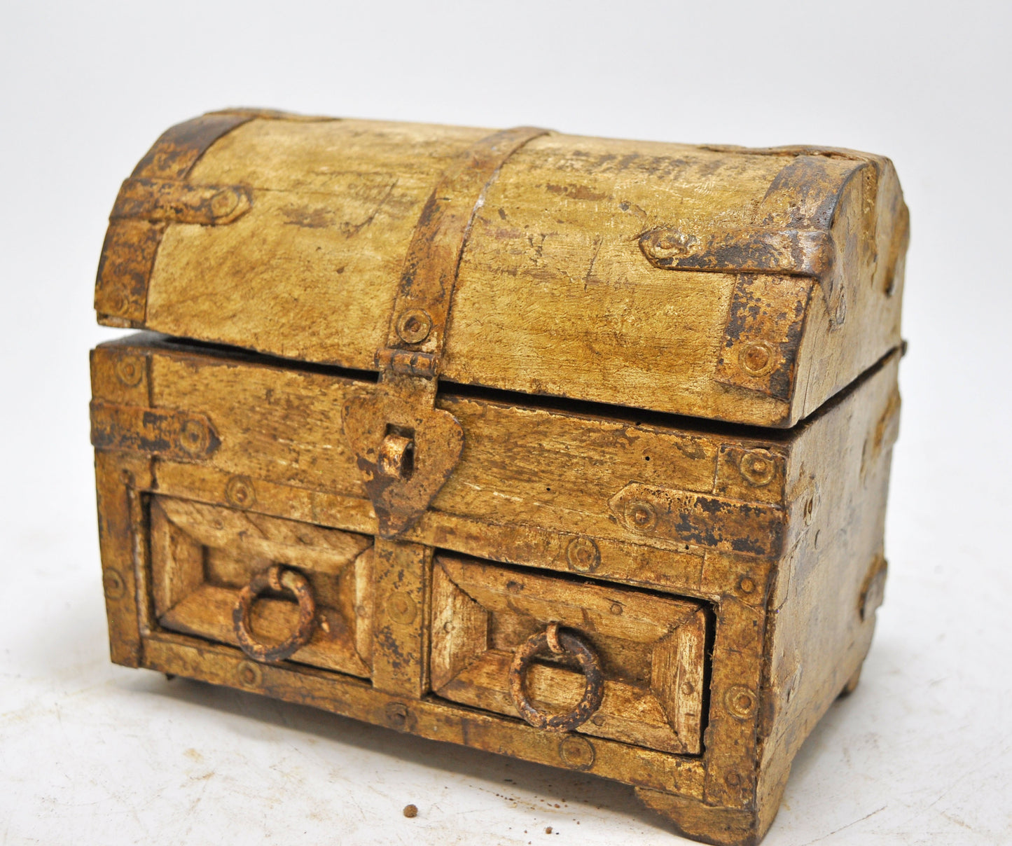 Vintage Wooden Half Round Storage Box Original Old Hand Crafted Metal Fitted