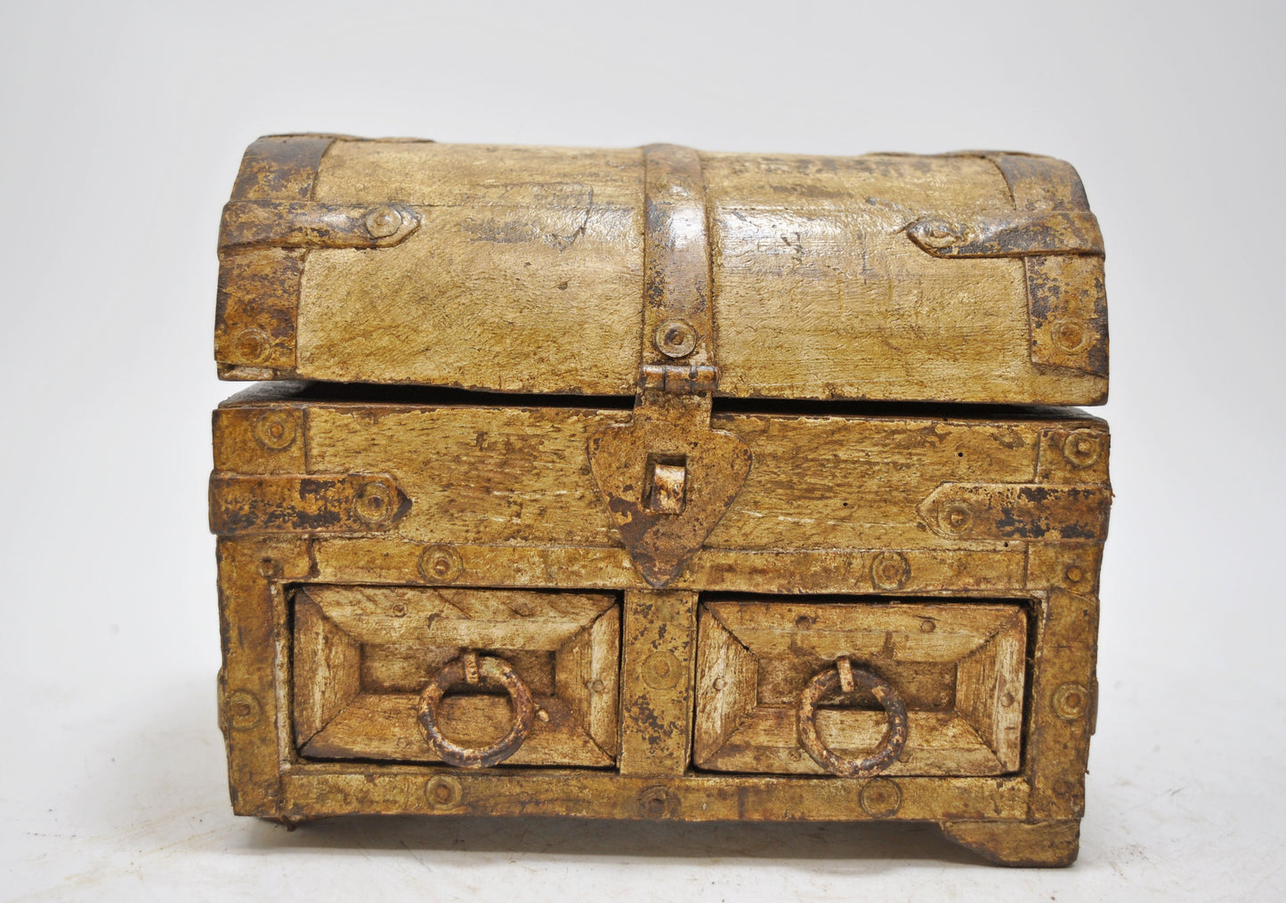 Vintage Wooden Half Round Storage Box Original Old Hand Crafted Metal Fitted