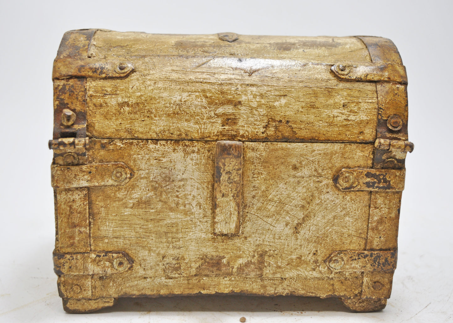 Vintage Wooden Half Round Storage Box Original Old Hand Crafted Metal Fitted