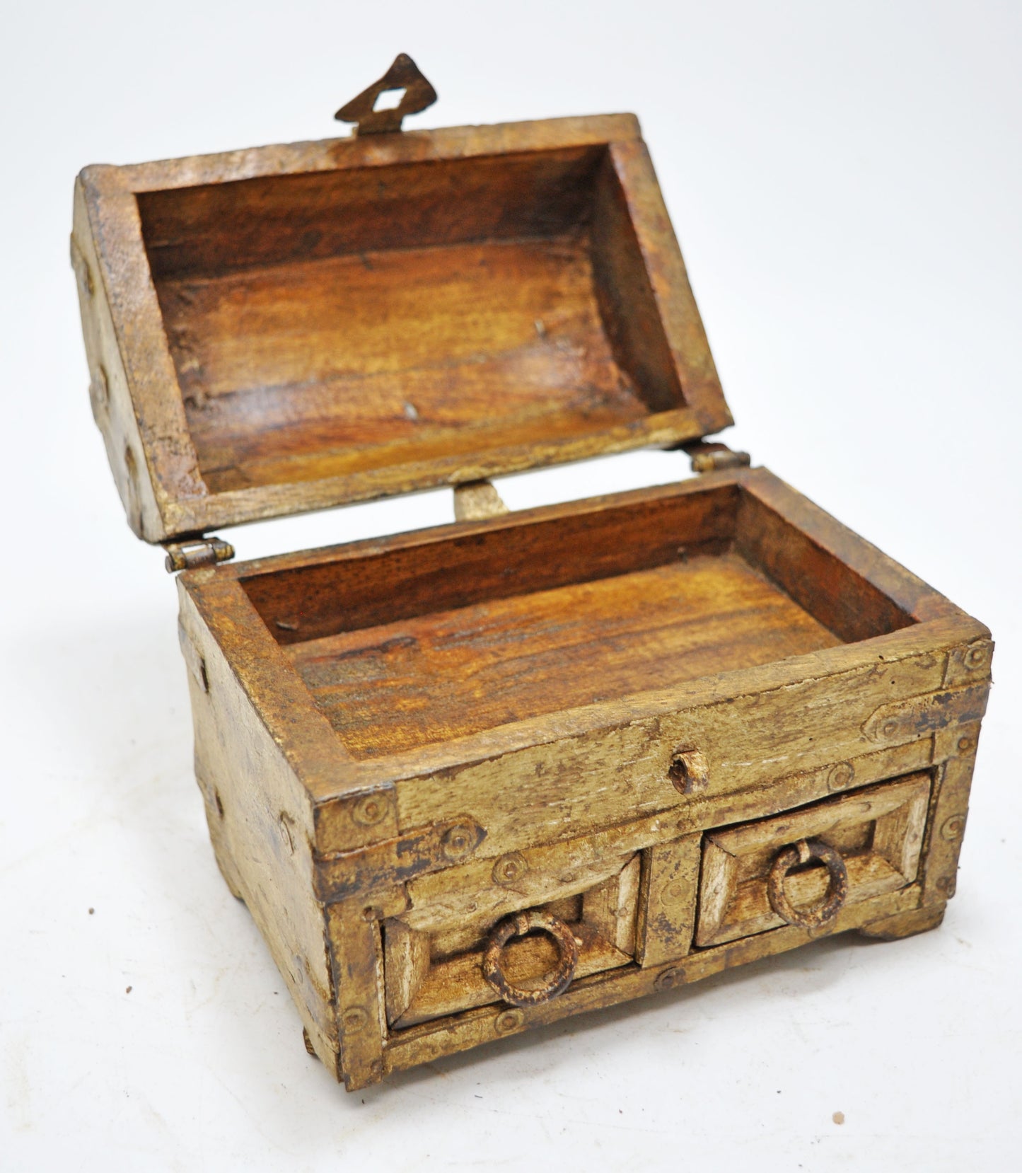 Vintage Wooden Half Round Storage Box Original Old Hand Crafted Metal Fitted